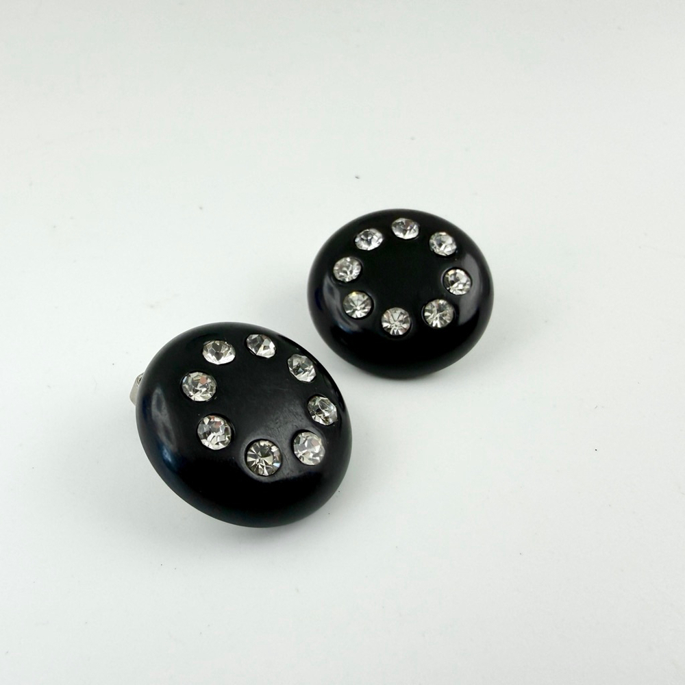 Vintage Black Bakelite Rhinestone Earrings, Art Deco Button Clips, Mid Century - Picture 4 of 5